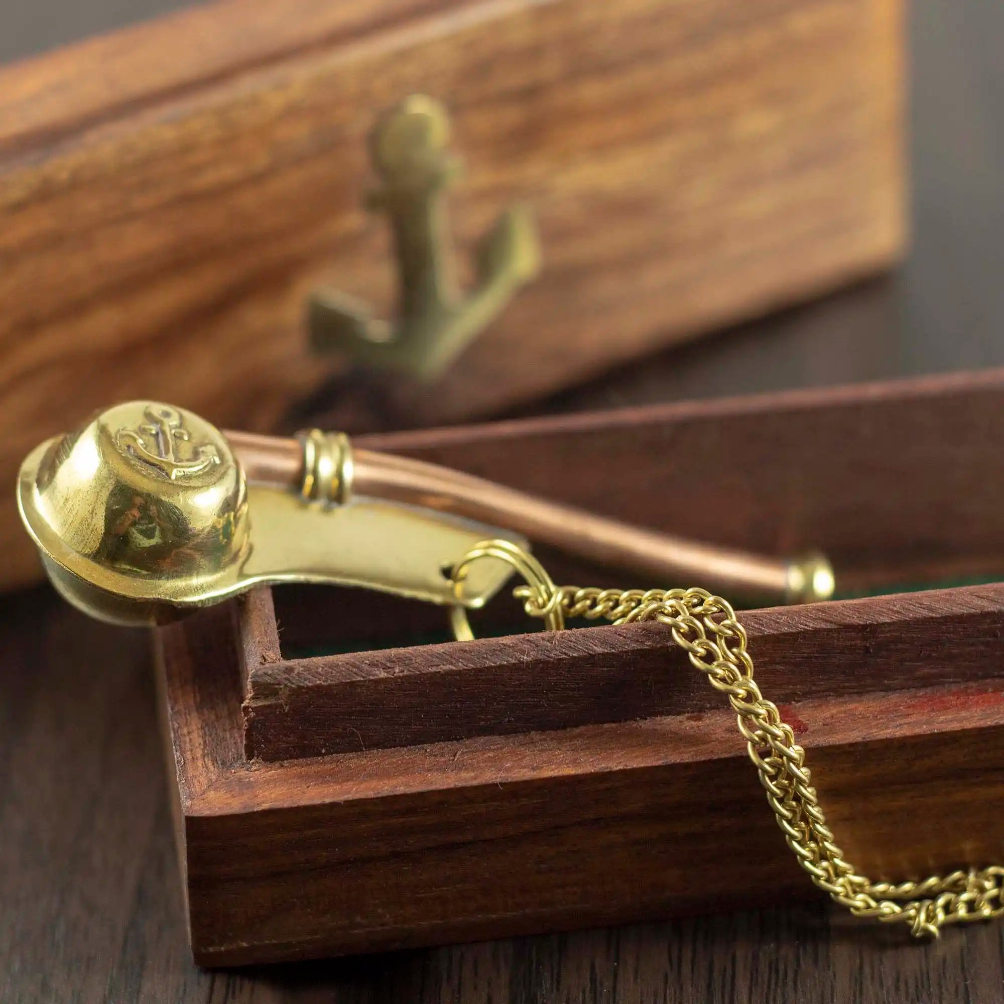 Brass / Copper Boatswain Whistle w Chain & Wood Box - Bosun